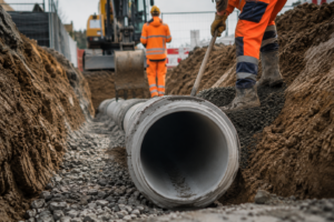 Entwässerungskanal, Kanalbau,Rohrverlegung, Tiefbau, Entwässerung, Kanalarbeiten, Baustelle, Infrastruktur, Rohrsysteme, Bauunternehmen