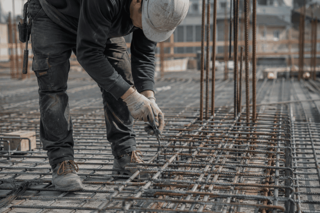 Betonstahlarbeiten, Bewehrungsstahl, Stahlbewehrung, Stahlbeton, Eisenflechter, Baustelle, Rohbau, Betonbau, Konstruktion, Bauunternehmen