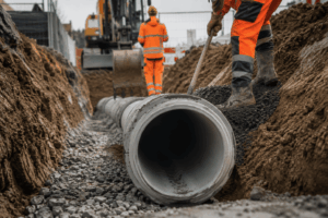 Entwässerungskanal, Kanalbau,Rohrverlegung, Tiefbau, Entwässerung, Kanalarbeiten, Baustelle, Infrastruktur, Rohrsysteme, Bauunternehmen