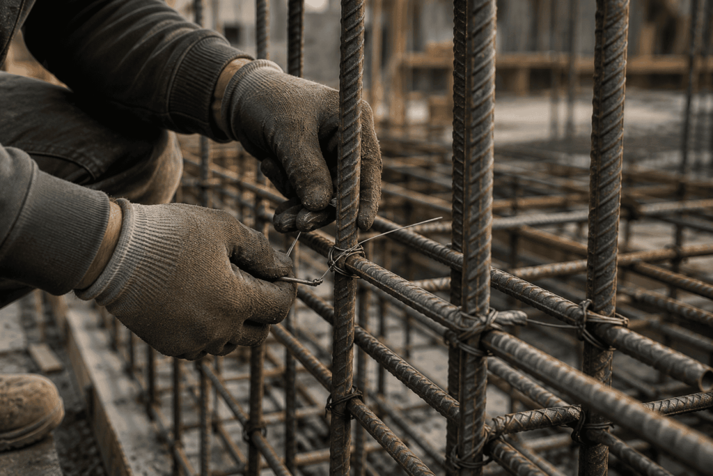 Betonstahlarbeiten, Bewehrungsstahl, Stahlbewehrung, Stahlbeton, Eisenflechter, Baustelle, Rohbau, Betonbau, Konstruktion, Bauunternehmen
